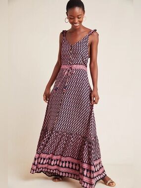 RAGA ANTHROPOLOGIE GRACIE TIE WAIST RUFFLE BOHEMIAN MAXI DRESS SZ L